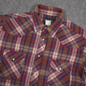 Wrangler Western Shirt Mens L Plaid Short Sleeve Pearl Snap Pockets Rodeo Cowboy